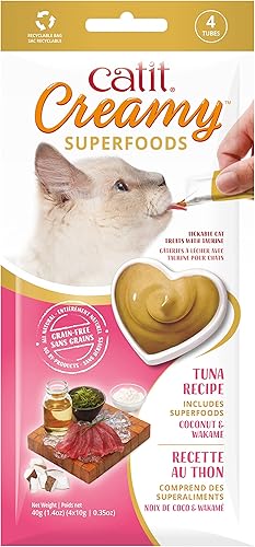 Catit Creamy Superfood Lickable Cat Treat Golosina hidratante y saludable para gatos de todas las edades Atún con coco y Wakame, paquete de 4