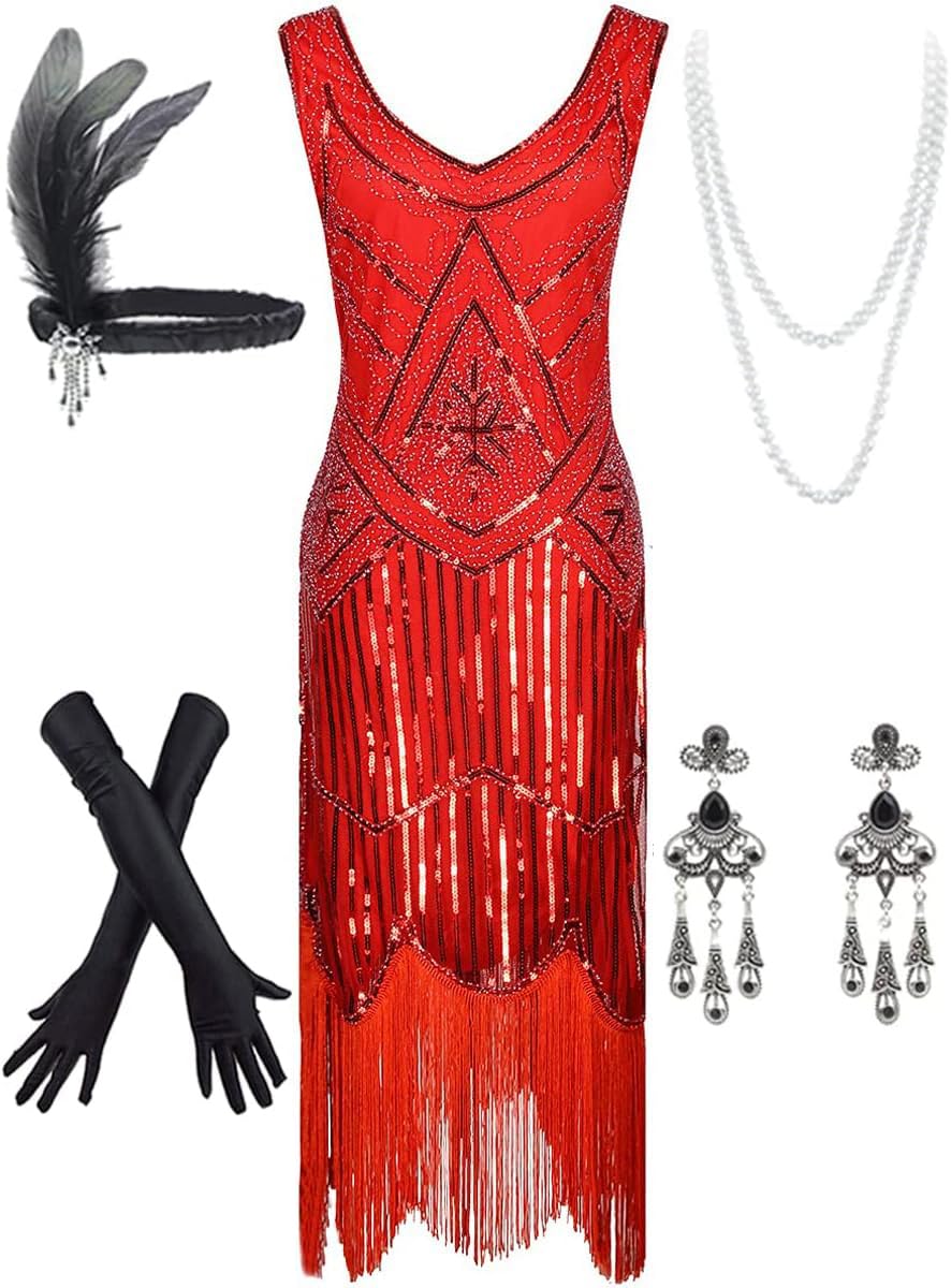 Women's Vintage 1920s Sequin Beaded Tassels Hem Flapper Dress w/Accessories Set