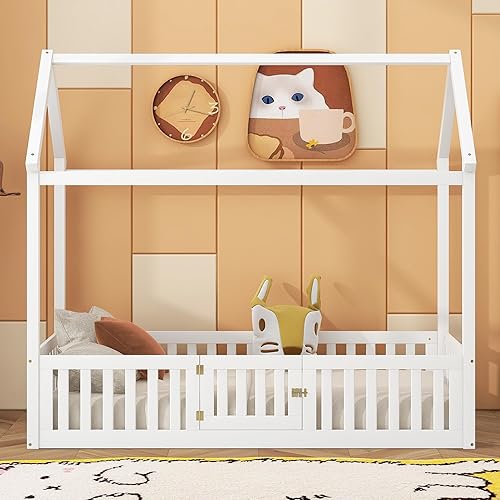 Miniatura 4 de MERITLINE Marco de cama individual para niños, cama Montessori de madera con diseño de valla y puerta, cama individual con rieles para niñas y niños
