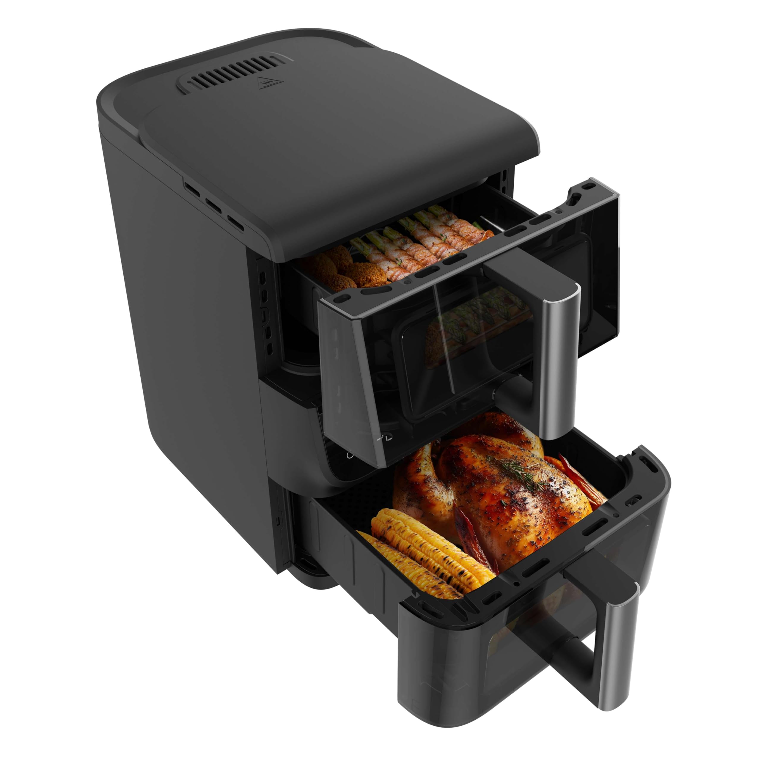 Cecotec Bezolejowa frytkownica powietrzna - Air Fryer 10L Cecofry DuoLevel 10000 DuoSize Window. 2000 W, konstrukcja pionowa, 2 zbiorniki 3,5 l i 6,5 l, synchronizacja, 10 menu, temperatura 80-200ºC