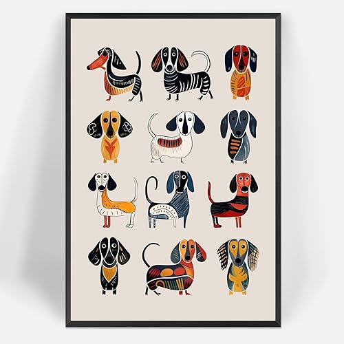 Pósteres de lona modernos y modernos de perro salchicha abstracta retro con diseño de animales y perros, arte de pared para amantes de los perros,