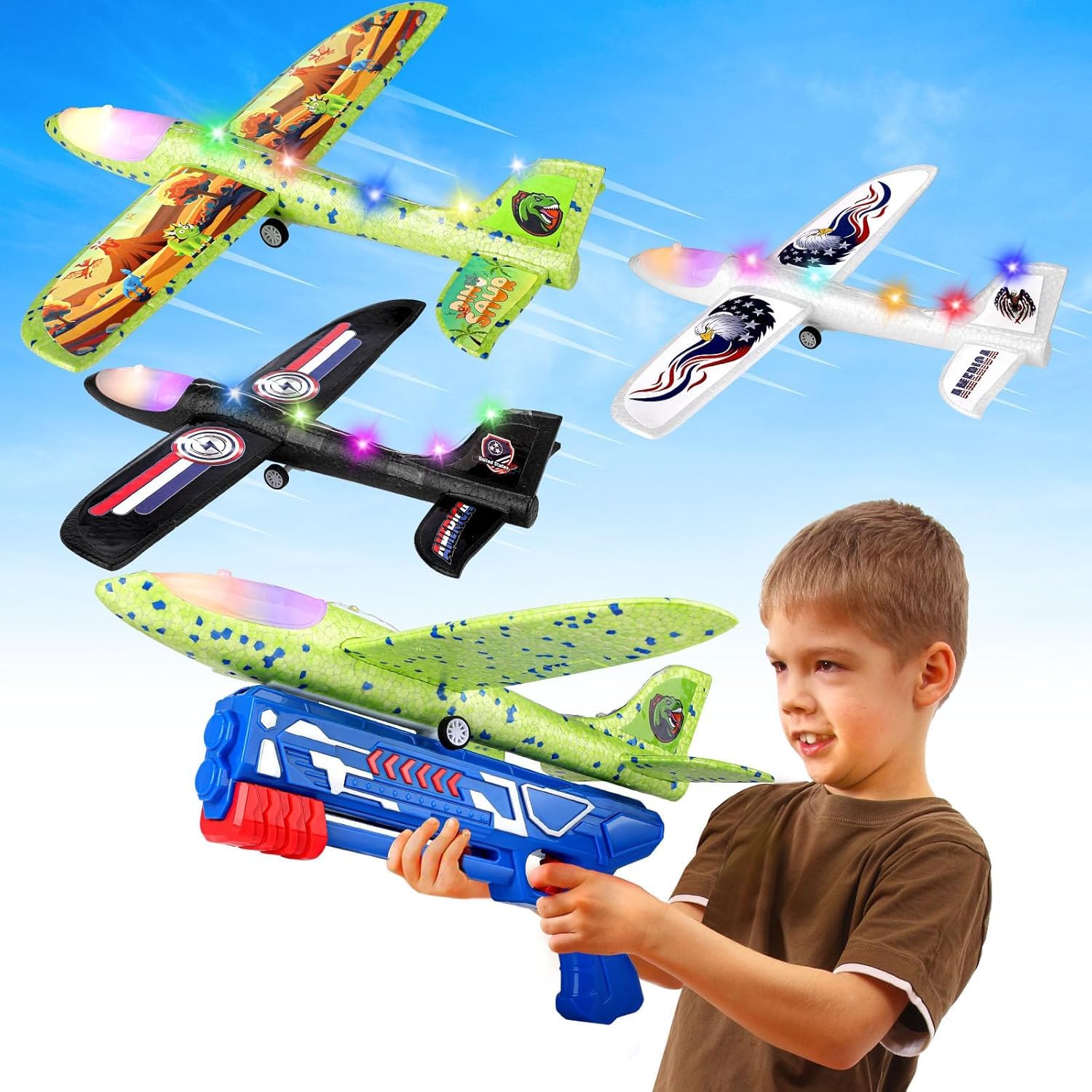 3 Pack Airplane Launcher Toy, 12.6" Foam 2 Flight Mode Led Plane Catapult Boy Toys with 3 DIY Stickers, Outdoor Flying Toys for Kids Gifts for 4 5 6 7 8 9 10 12 Year Old Boys Girls
