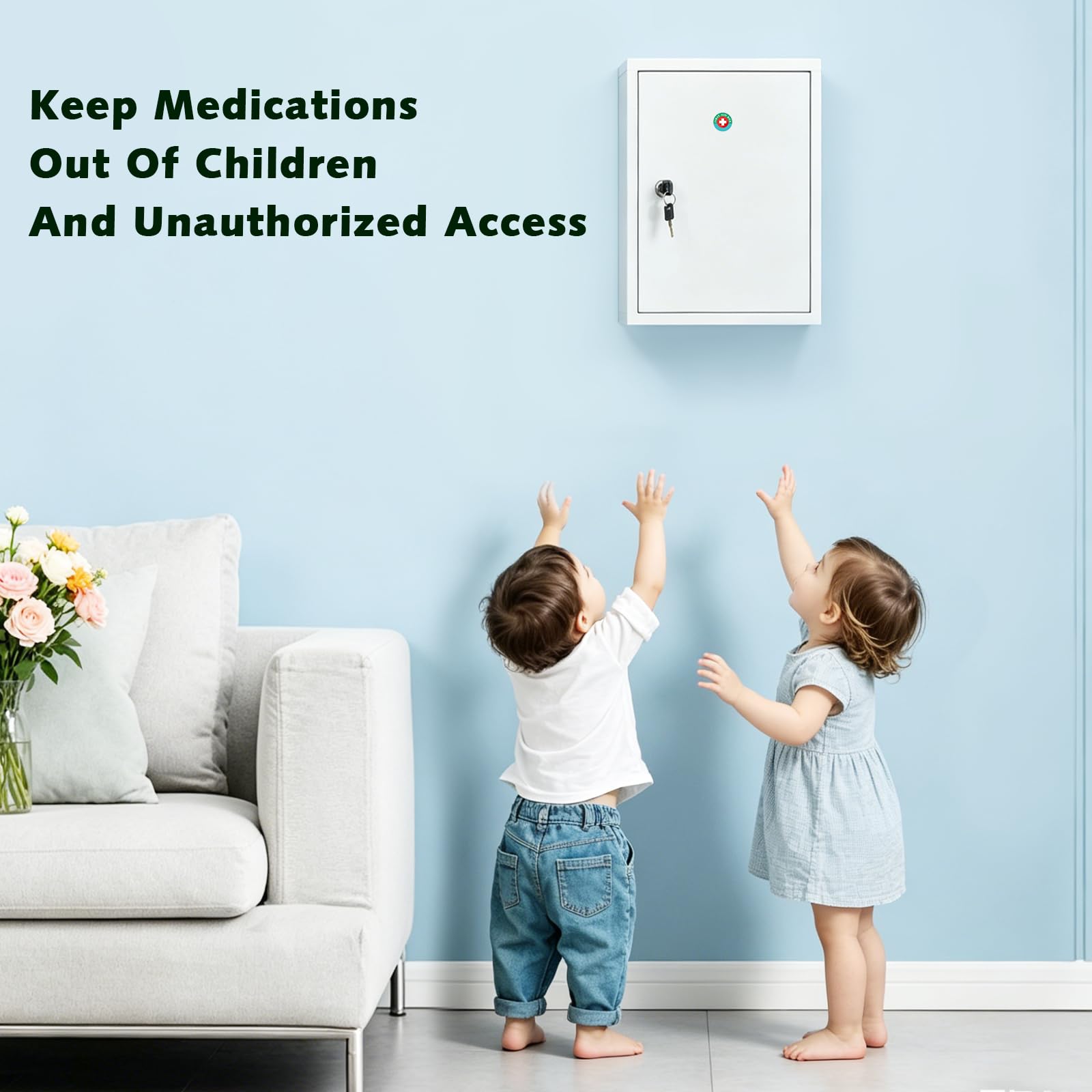KYODOLED Botiquín de pared con bloqueo, botiquín de primeros auxilios de gran capacidad para baño, botiquín con llave, caja de bloqueo de acero segura para medicamentos, 15.75 pulgadas de alto x 11.82