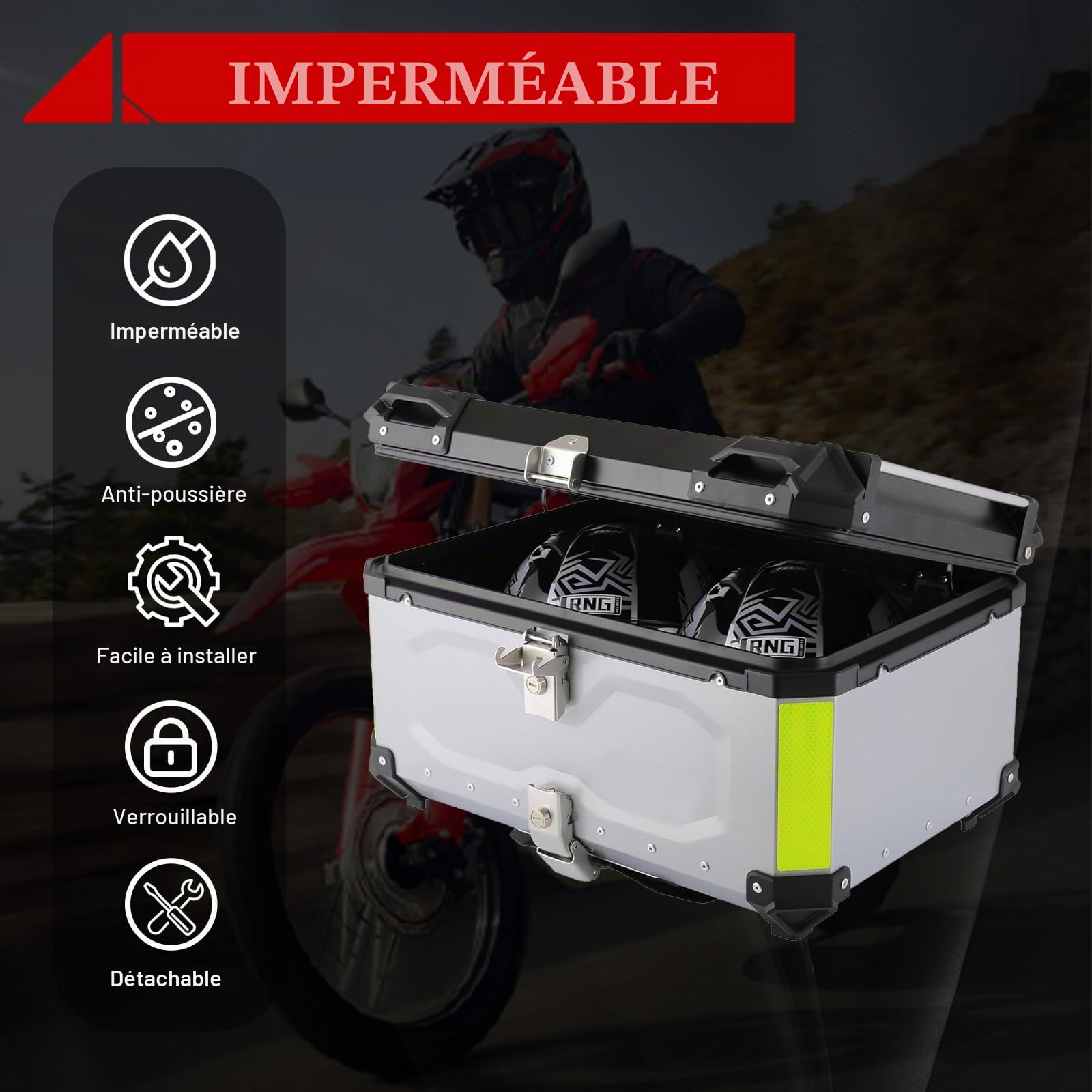 Coffre de Moto Aluminium Étanche 65 L (Argent)