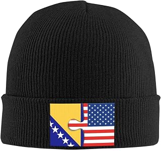 Beanie Knit Hat Bosnia Bosnian and American Flag USA Friendship Puzzle Skull Cap Unisex Winter Warm Beanie Woolen Hats Lightweight Soft Elastic Force Cuffed Cap for Man Women Black