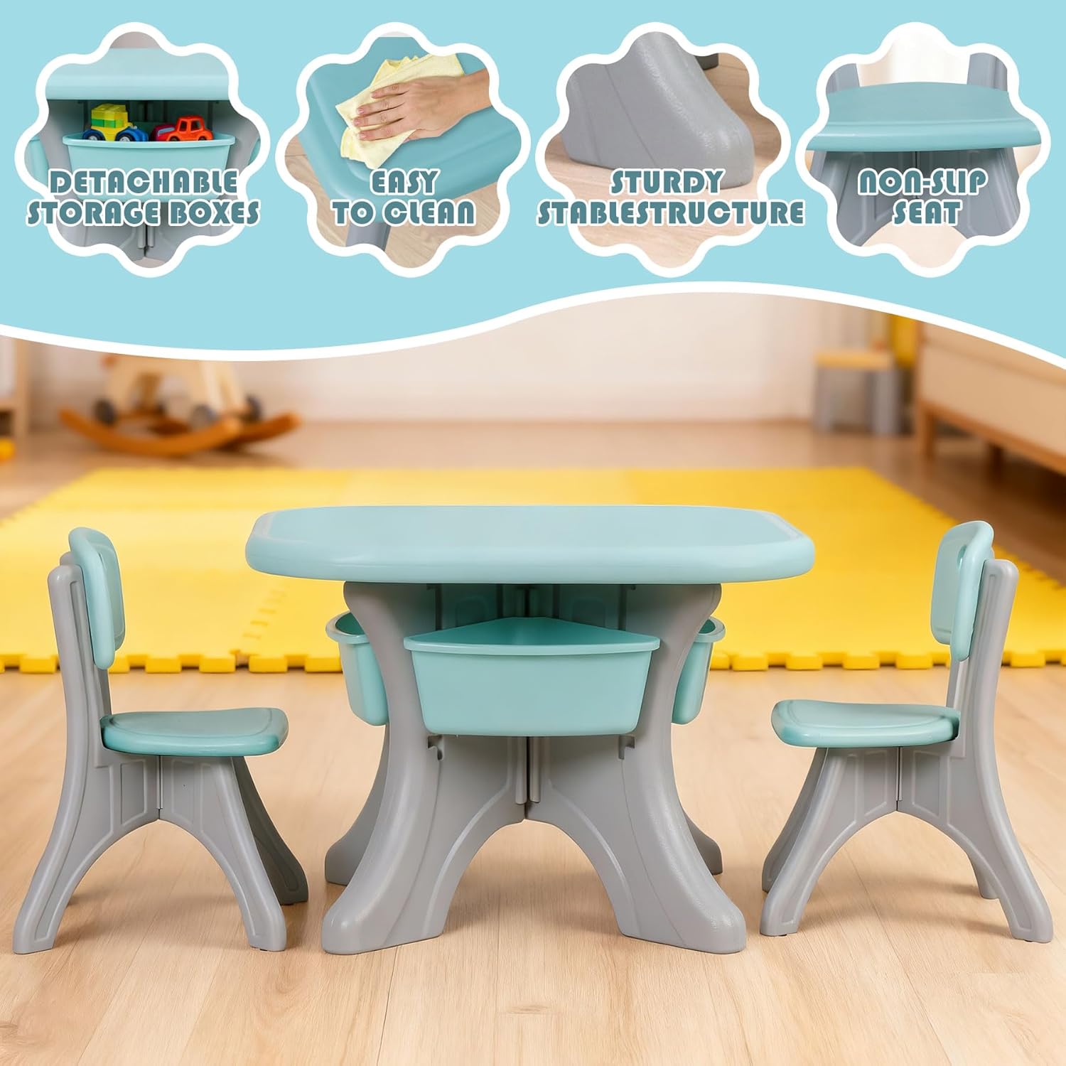 SUPER DEAL Kids Table and Chairs Set 3 Piece Plastic Children Activity Table with 4 Detachable Toy Storage Bins for Arts, Crafts, Snack Time and More, Safety Round Corners, Green