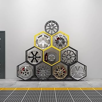 Tyre Rack Multiple Tire Rim Storage Stand Space Saving, Wheel Hub Rims Display Rack for Shops, Customized Color Car Vehicle Tyre Shelves Stacking9 Hexagon+3 Base