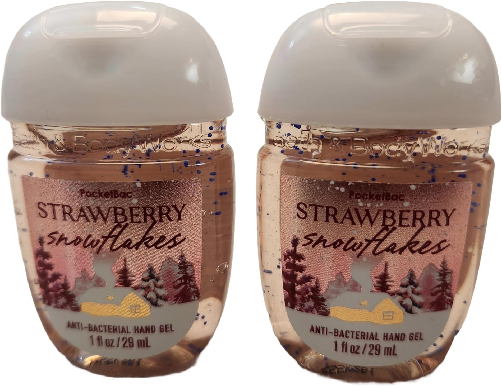 Bath and Body Care - Travel Size Sanitizer - 2 piece Bundle Set Hand Gel - 1 Fl Oz each - Label Artwork Varies (STRAWBERRY SNOWFLAKES)