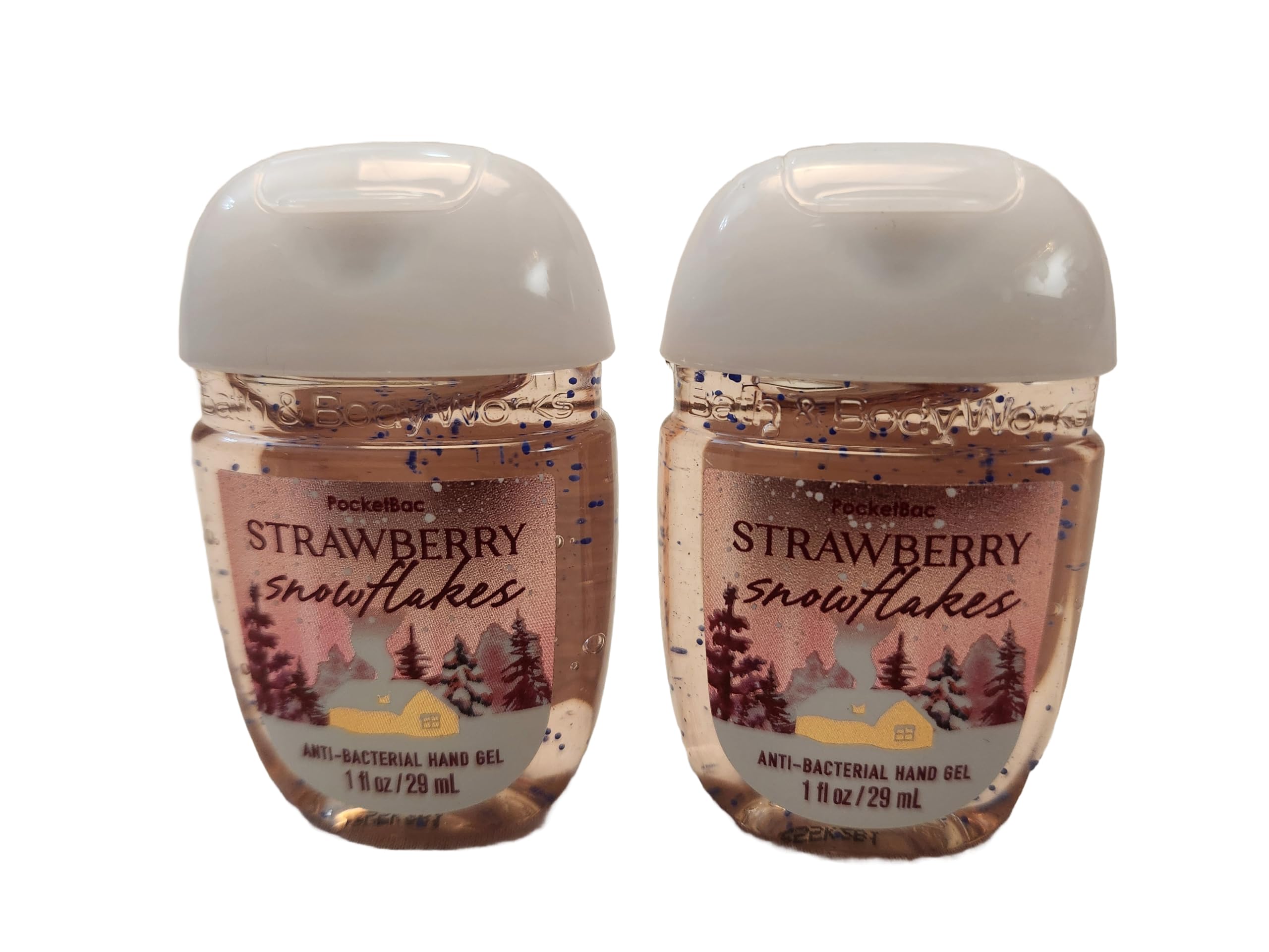 Bath and Body Care - Travel Size Sanitizer - 2 piece Bundle Set Hand Gel - 1 Fl Oz each - Label Artwork Varies (STRAWBERRY SNOWFLAKES)