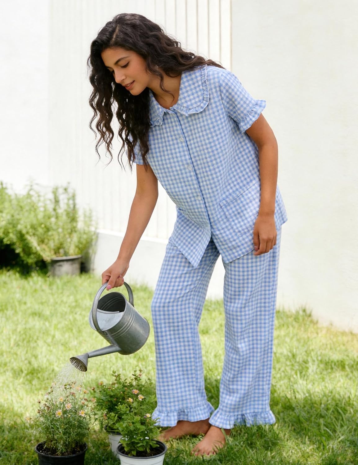 Flygo Gingham Pajama Sets for Women 2 Piece Lounge Set Button Down Cotton Babydoll Shirts Long Plaid Pants Y2K Pjs Sleepwear - Image 5