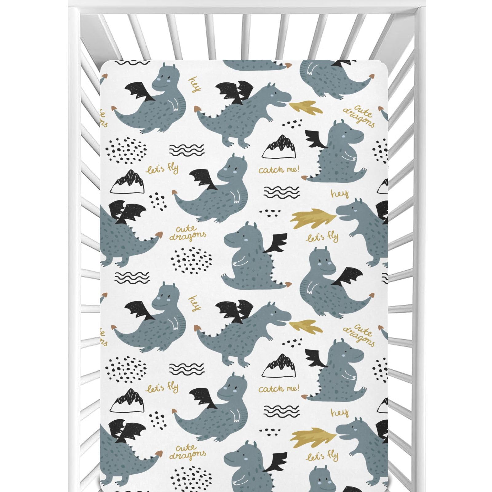 CaTaKu Cute Dragons Mini Crib Sheets for Girls Boys Baby Mattress Sheets Fitted, Soft Toddler Nursery Bed Sheets Neutral 28"x 52"