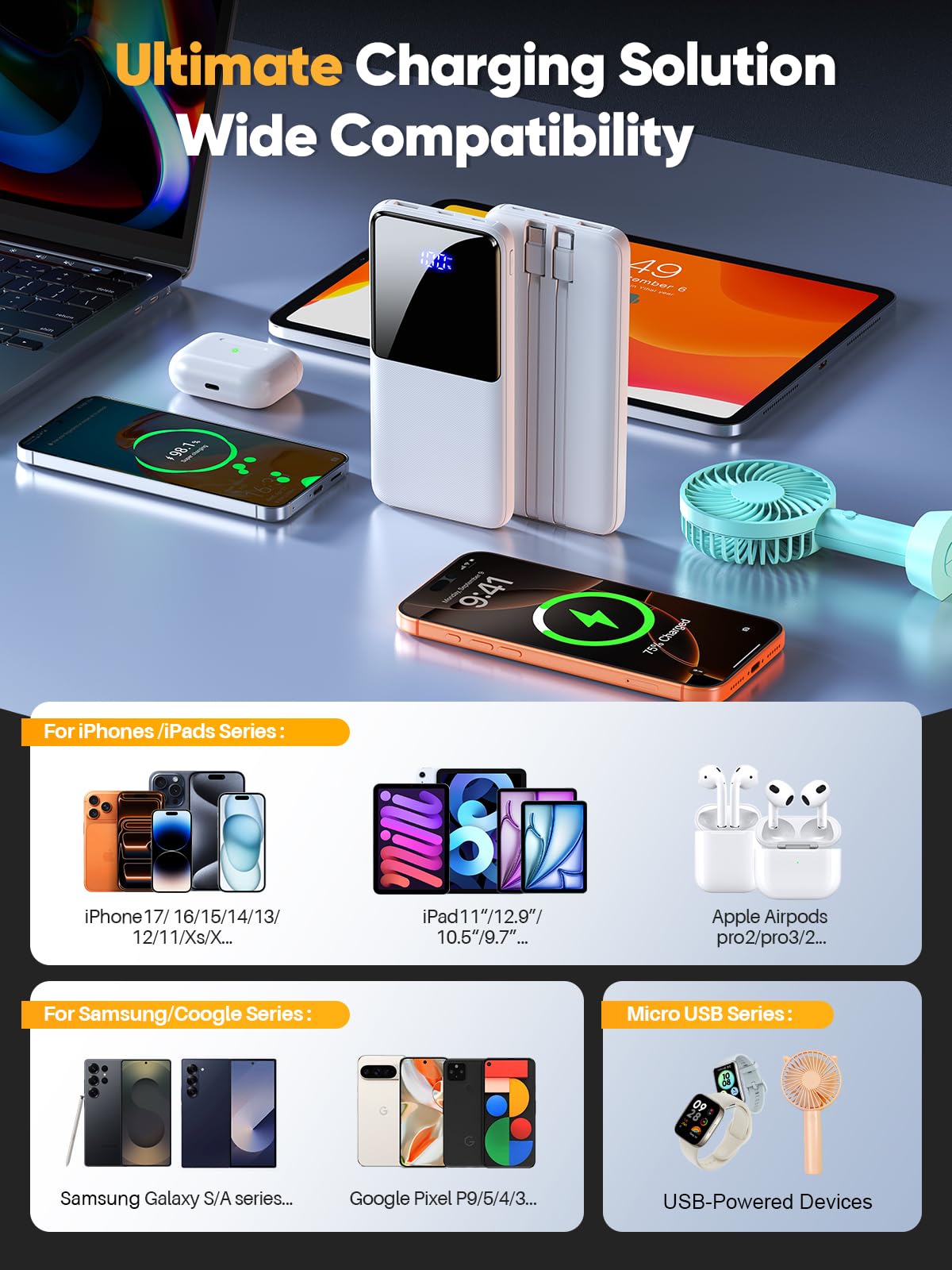 Cargador portátil de batería de 15000 mAh, cargador portátil para teléfono con cables integrados de 22,5 W, batería externa de carga rápida compatible con iPhone, Android, Samsung, esencial para
