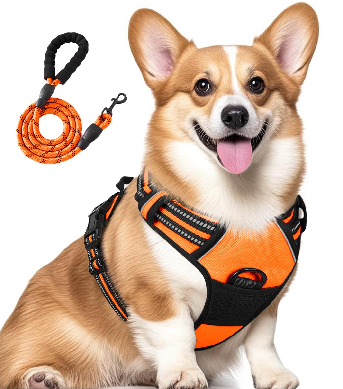 Jomkig No-Pull Adjustable Pet Harness with Free 5ft Leash Medium Breathable Dog Vest Reflective Padded Dog Harness for Outdoor Walking Training, Orange, Medium