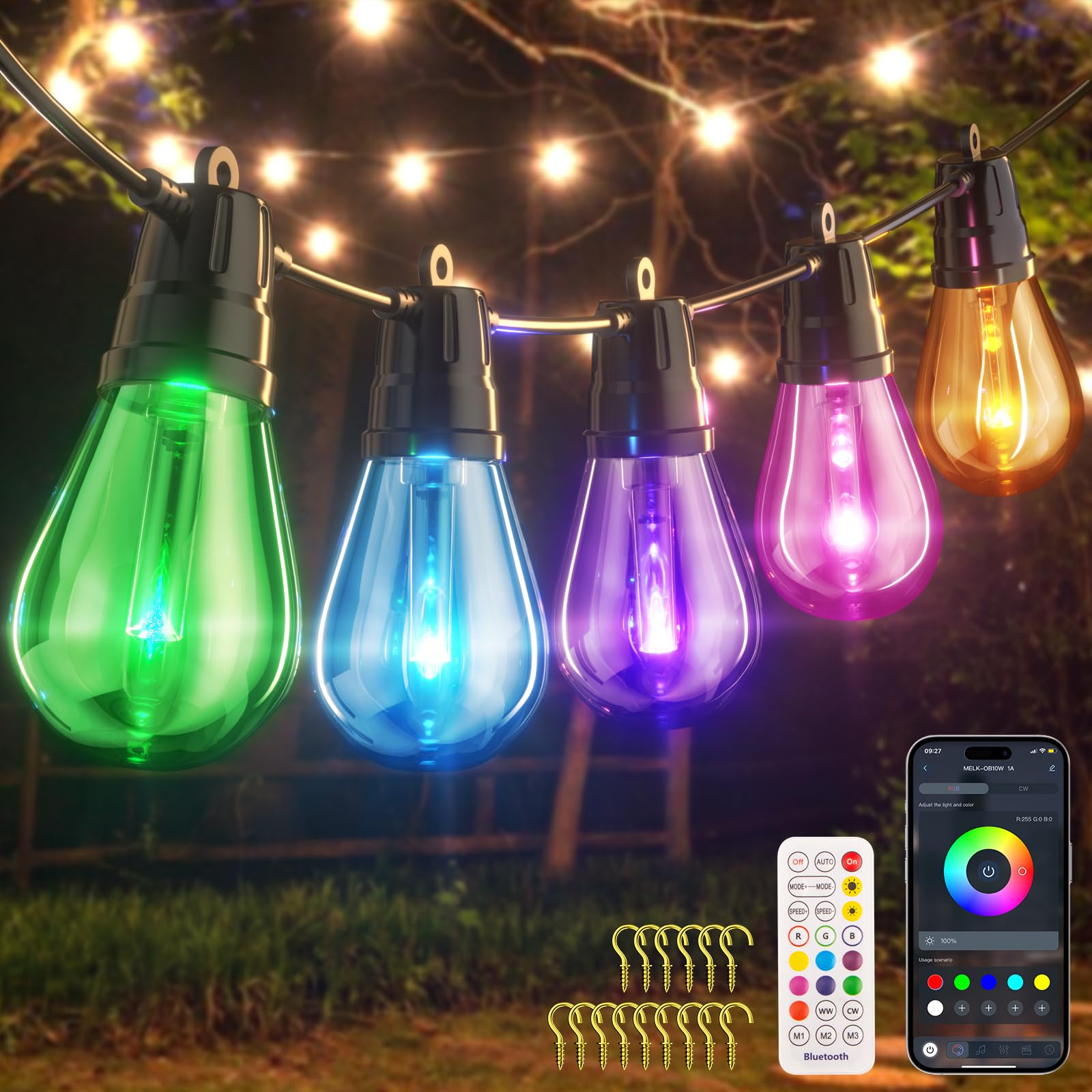 Nextyu Festoon Lights Outdoor, 15M/50FT Garden String Lights Mains Powered with APP & Remote, 15 LED Shatterproof Bulbs, IP68 Waterproof Dimmable for Gazebo Pergola Patio Party