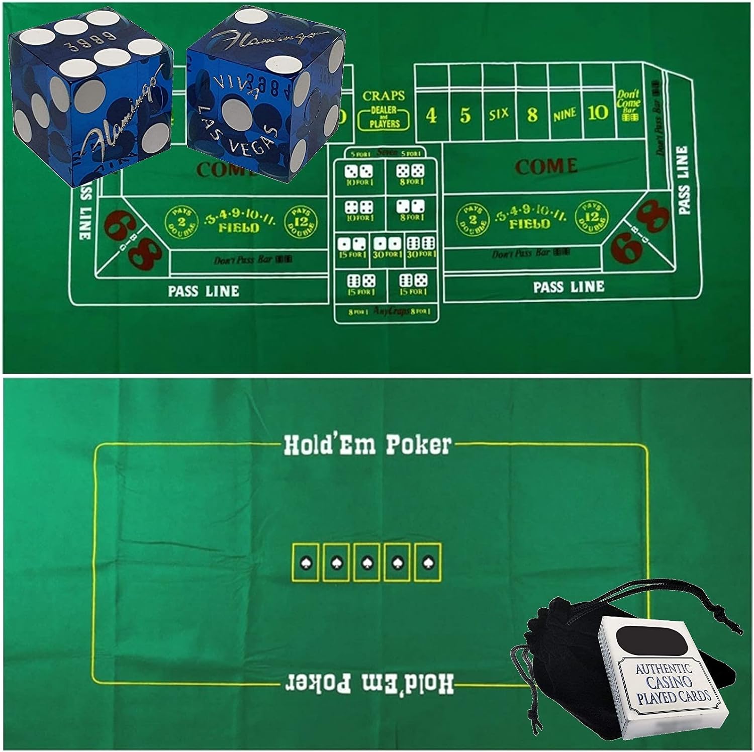 Cyber-Deals Craps & Texas Hold'em Poker Essentials Set: 2-Sided 6ft x 3ft Felt Layout, Las Vegas Casino Table-Played Dice & Cards, Plus Storage Pouch (Flamingo (Blue Polished))