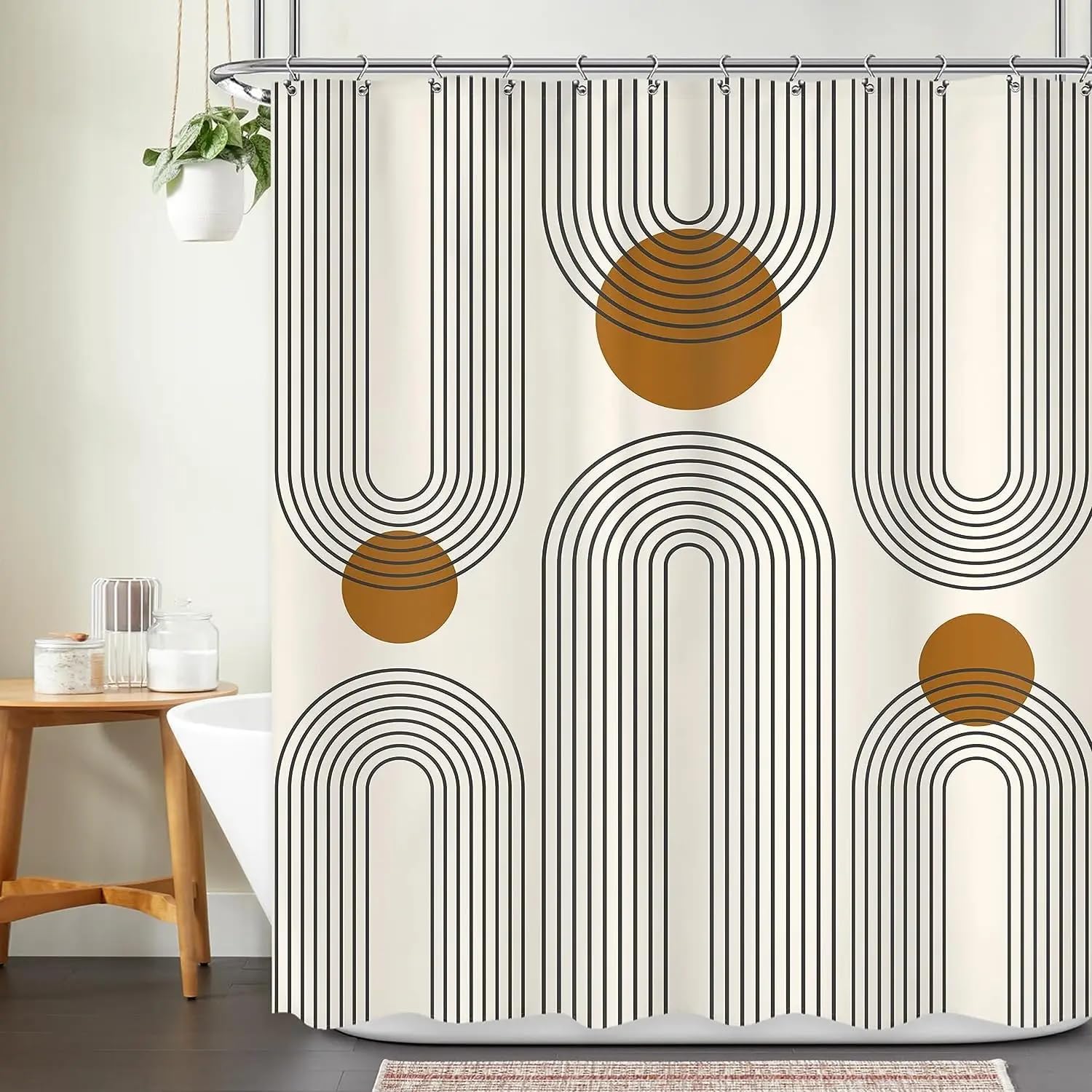 Duschvorhang Set 240x200 mit Haken Im Mid Century Stil mit Bogenmotiv, Geometrische Kunst, Schwarze Linie, Moderner Schlichter Badezimmervorhang, Wasserdichtes Polyestergewebe für Badewannen Dekor S