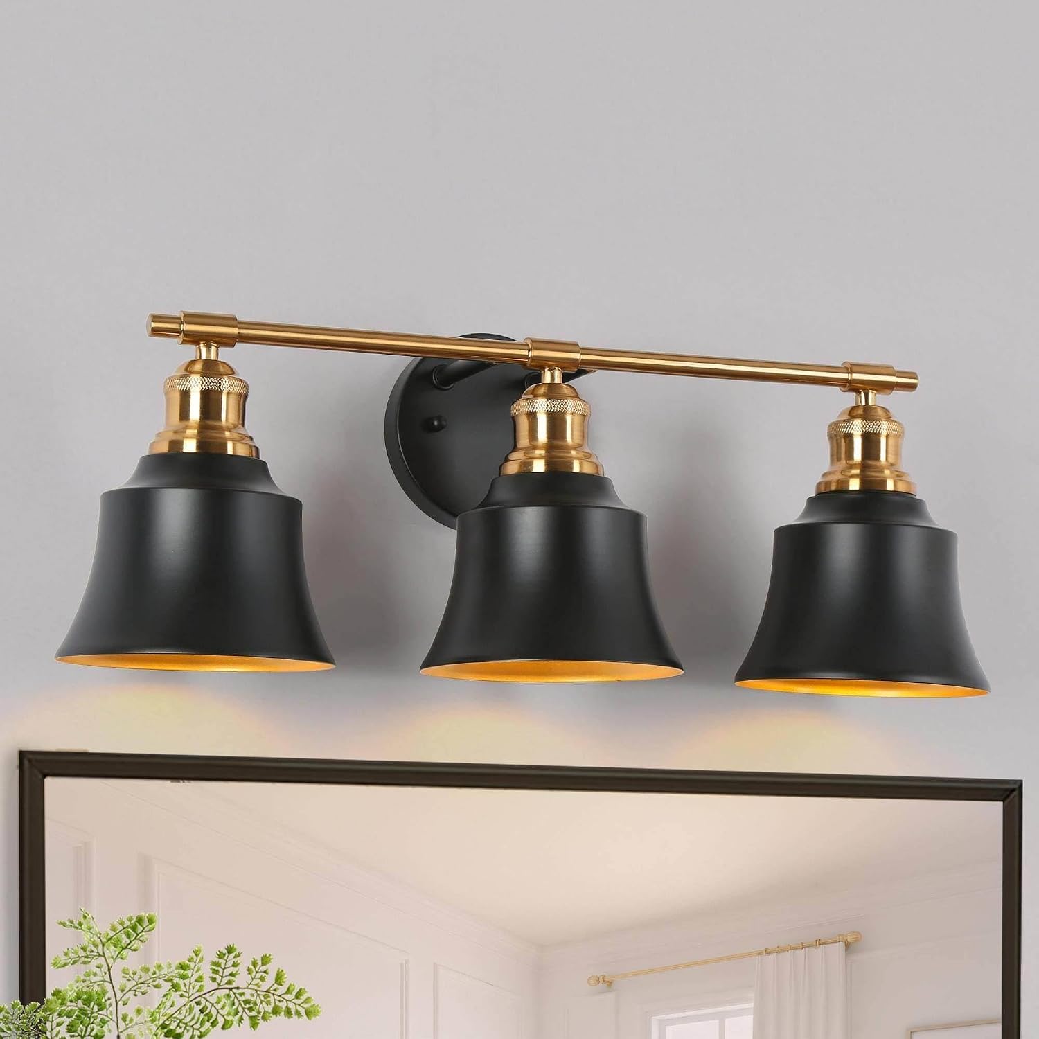 KSANA Black and Gold Vanity Light, Modern 3-Light Bathroom Light Fixture with Bell Metal Shade, Farmhouse Vanity Lighting Over Mirror 22”L