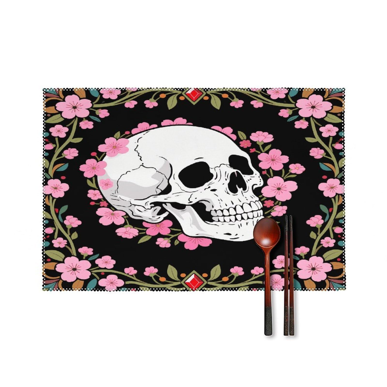 White Skull Pink Cherry Blossoms Placemats Set of 4 Heat Resistant Non-Slip Place Mats for Dining Table Washable Placemat Wipeable Dining Table Mat Canvas Place Mats Dining Table Decor