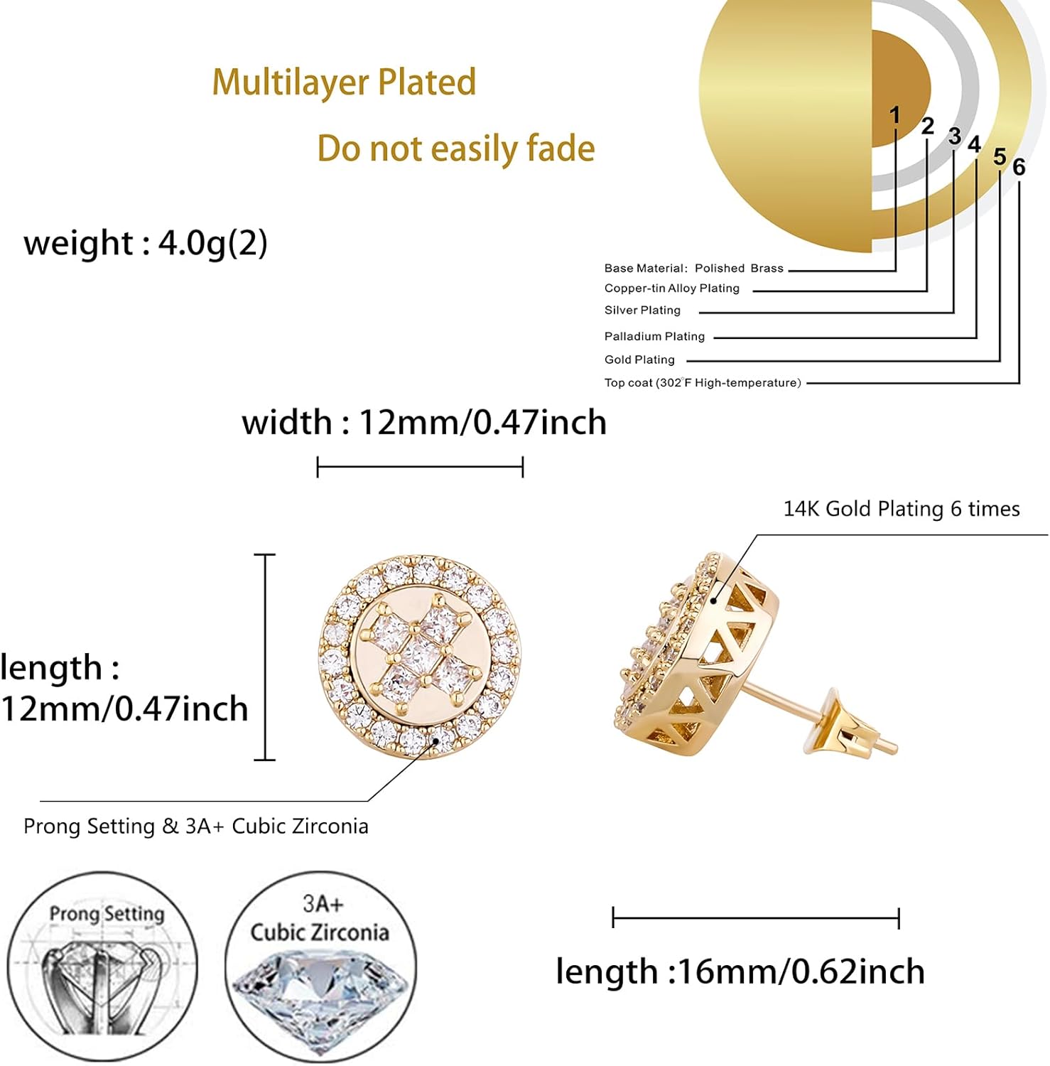 TOPGRILLZ Cross Square Stud Earrings 14K Gold Silver 5A+ Cubic Zirconia Iced Out Sparkle hypoallergenic Cartilage 925 Sterling Silver Square Flat Stud Cross Earrings For Men Women - Image 2