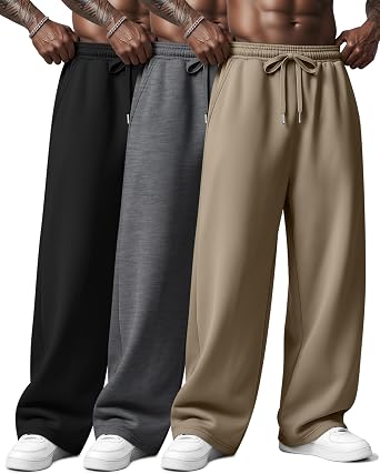 August Alley 3 Pack Baggy Sweatpants for Men | Wide Leg Sweats, Lounge Baggy Pants with Pockets, Gym Workout Athletic, Open Bottom Joggers, Drawstring Elastic Waist
