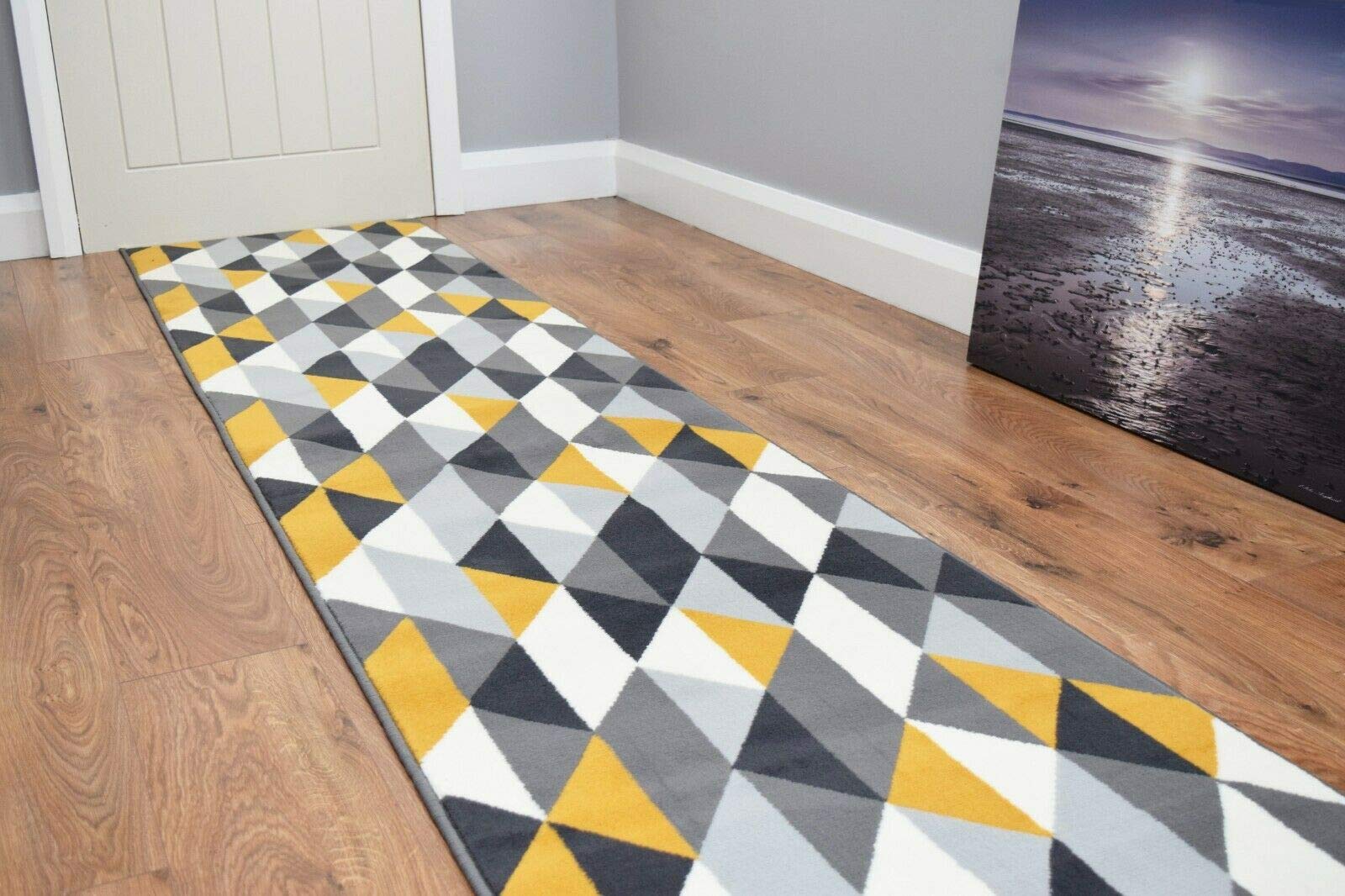 SrS Rugs® Luna Collection, Modern Long Carpet Runner Rug for Entrance Hall and Stairs. Smooth Soft 8mm Depth Pile. 70cm Wide. Any Length (Triangle Grey Gold, Length: 29' (884cm)) — image 1