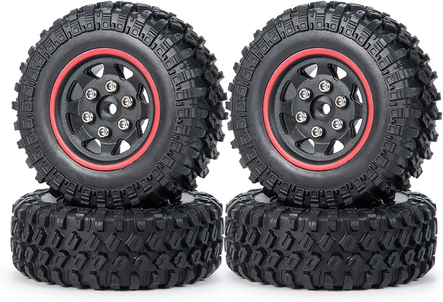 4PCS 1.0 inch Micro Wheel Beadlock Rims 48mm Rubber Tires Compatible with 1/24 RC Crawler Car Axial SCX24 90081 (Red)