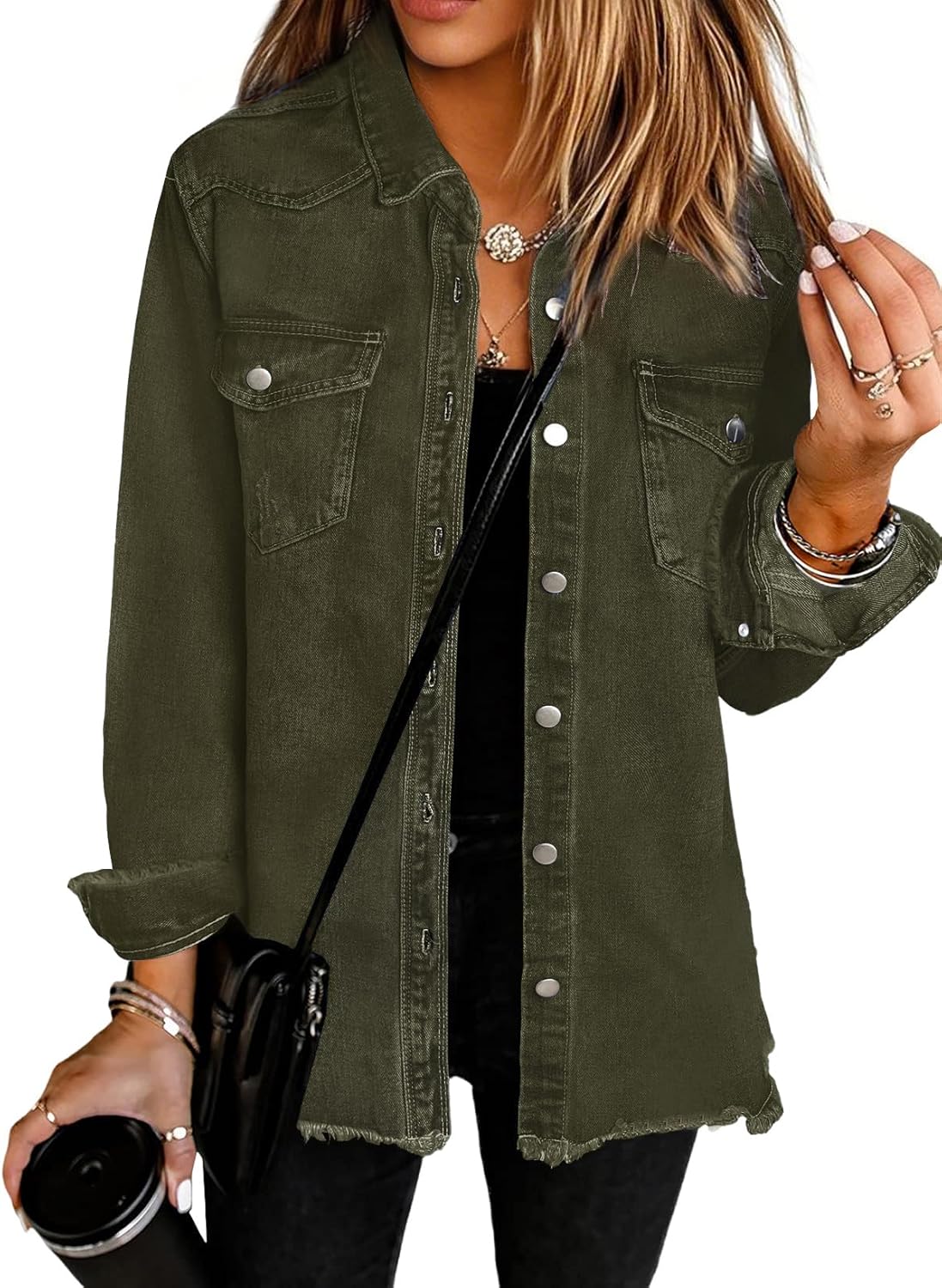 UEAL Womens Oversized Button Down Frayed Hem Denim Shacket Casual Long Sleeve Jean Jackets 2026 Spring Outfits
