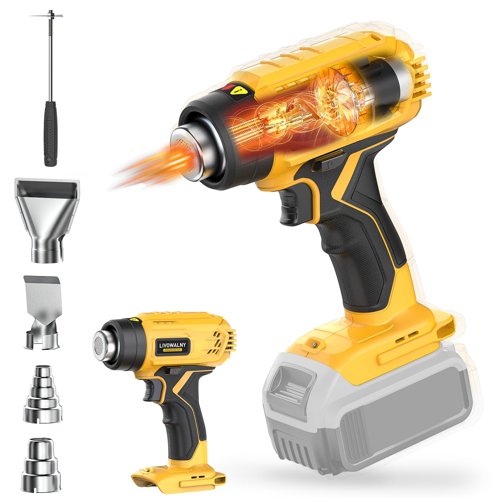 Cordless Heat Gun for Dewalt 20v Battery, LIVOWALNY 350W 990°F (532°C) Airflow 300L/min Fast Heating Hot Air Gun, 20v Max Battery Heat Gun for Shrink Tubing, Crafts, Stripping Paint (No Battery)