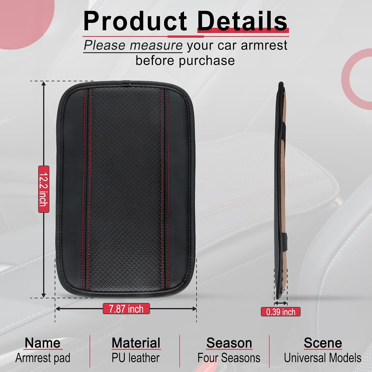 Amiss Car Center Console Pad, Universal Waterproof Car Armrest Seat Box Cover, PU Leather Auto Armrest Cover Protector，Vehicle Interior Accessories fits SUV/Truck/Car (Black-Red) image 5