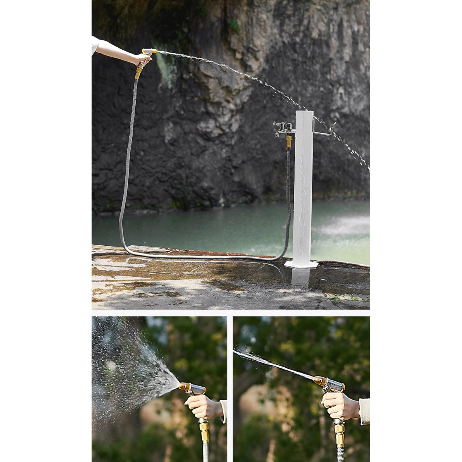 Colonna d'acqua da giardino in acciaio inossidabile argentato, idrante cilindrico verticale da pavimento con rubinetto a doppia bocca, rubinetto antigelo indipendente(50x20.5cm)