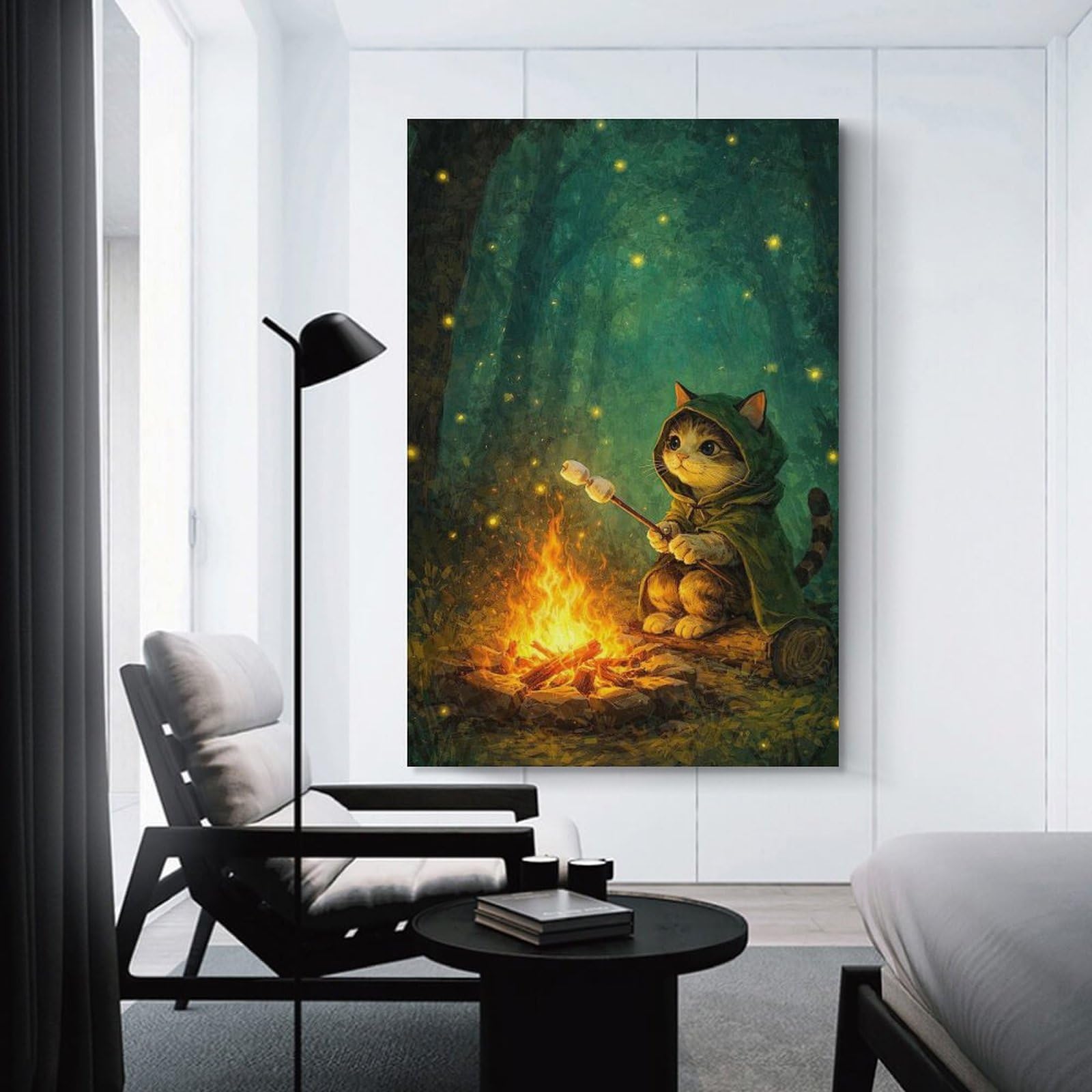 Junmoney Cat Roasting Marshmallows by Campfire Wall Picture Print, 24x36inch(60x90cm), for New Home Styling, Lounge Or Bedroom, Home Artwork for Modern Interiors