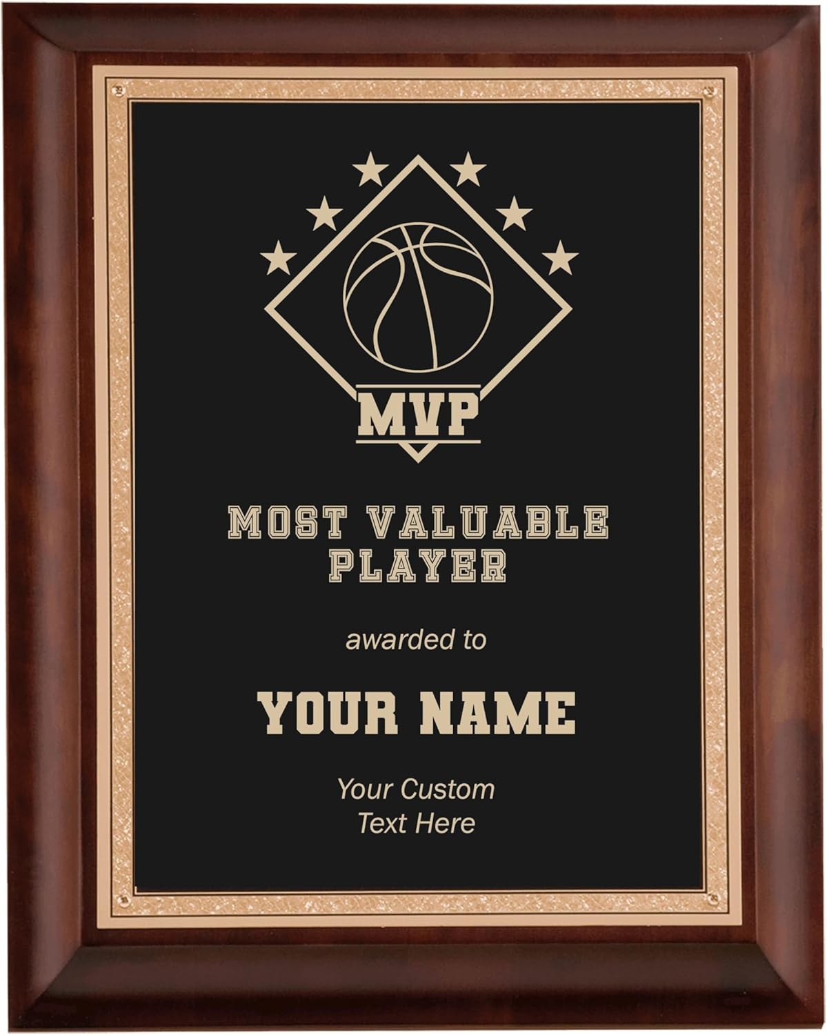 Custom Sports MVP Award Plaque for Basketball Player with Personalized Text Engraved 8x10 Cherry Wood and Brass Plate Plaque