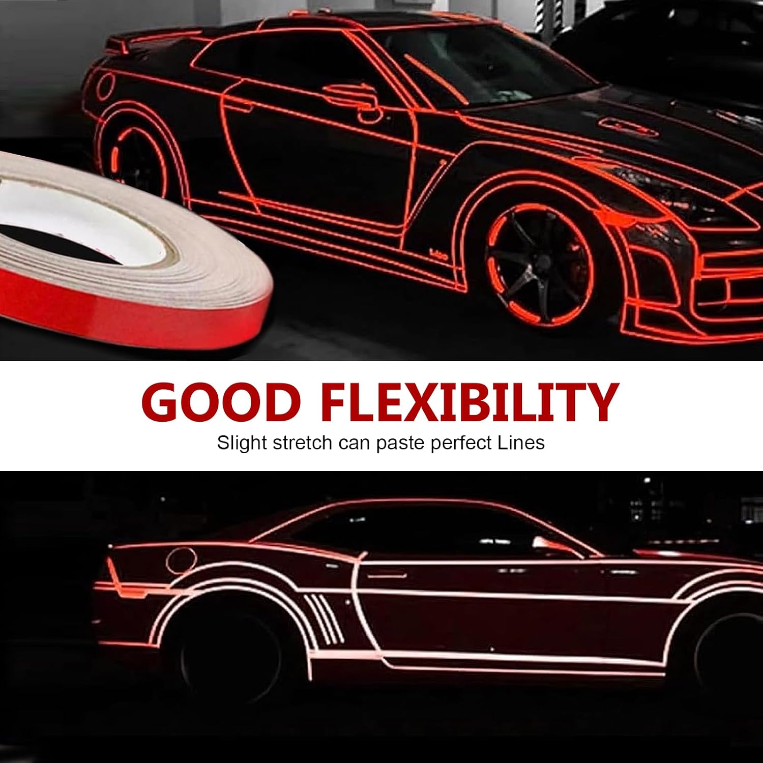 MLY 16.4Ft x 0.3In Reflective Car Tape Stickers, Waterproof Automotive Pinstriping Tape with Self-Adhesive, Night Visibility Pin Stripe Tape for Car Body Boat Decoration Decals (Red)