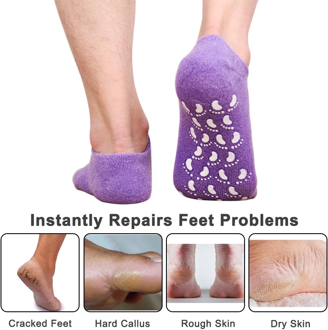 Codream Men's Moisturizing Gel Socks Men's Feet Care Ultimate Treatment for Dry Cracked Rough Skin on Feet with Spa Quality Botanical Gel Set of 2 Pairs Black and Purple Small
