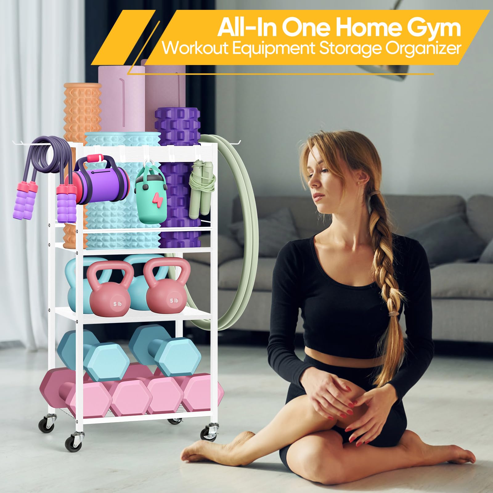 Hantelständer & Fitnessregal Für Zuhause – 3 Ebenen, 46 X 33 X 86 Cm, Aus Carbonstahl, Mit Rollen Und Haken – Für Yogamatten, Hanteln, Kettlebells, Bälle – Platzsparend & Mobil