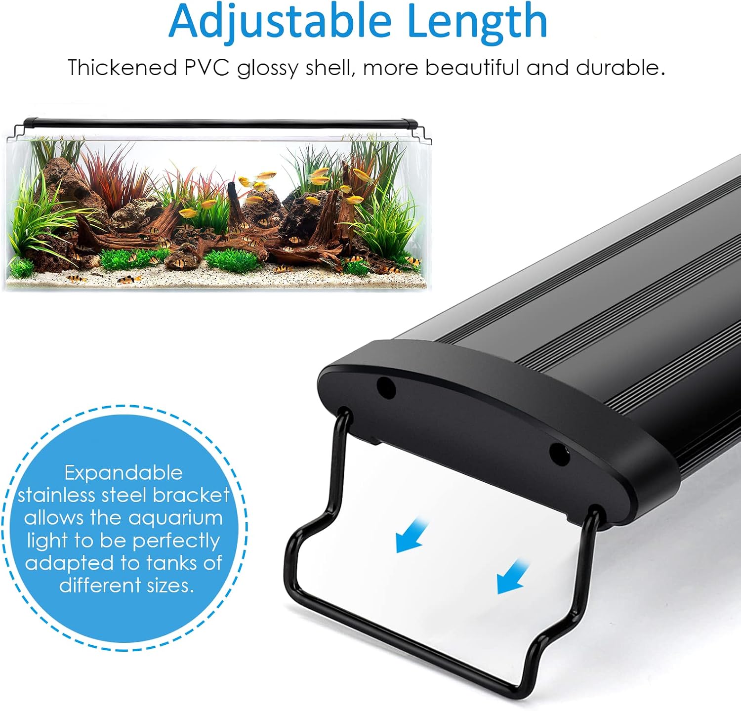 AQQA LED Aquarium Light Full Spectrum Fish Tank Light with Extendable Brackets 12" 18" 24" 32“ 36" 48" White Blue Red Green LEDs Multi-Color 3 Modes Light for Freshwater Planted Tank