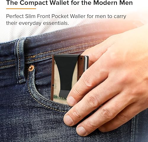 Vista 5 de Cartera minimalista de madera y fibra de carbono con diseño grabado para hombres con clip de dinero, soporte delgado para tarjetas de crédito