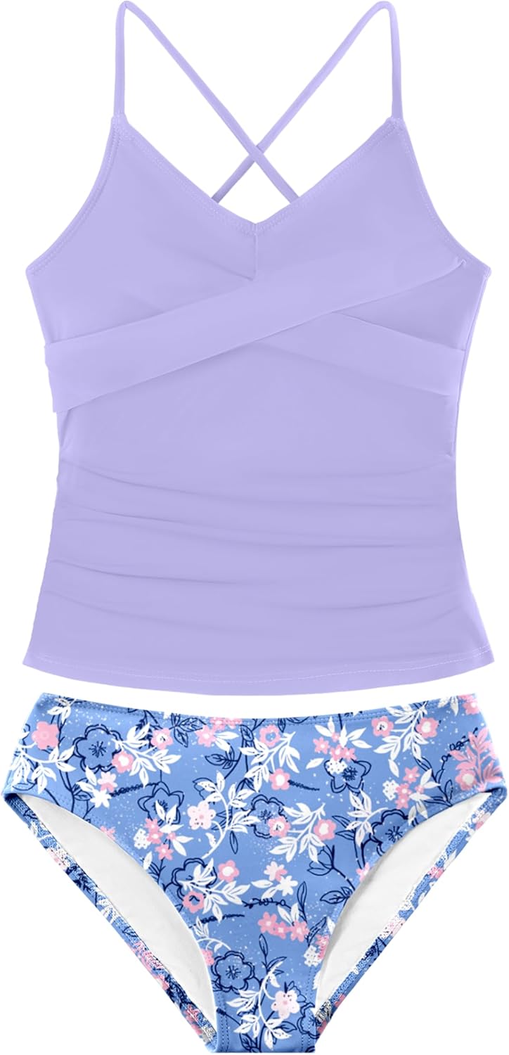Girls Swimsuit Tankini Criss Cross Ruched 2 Piece Bathing Suit Printed Girl Swimwear for Teens 9-16Y
