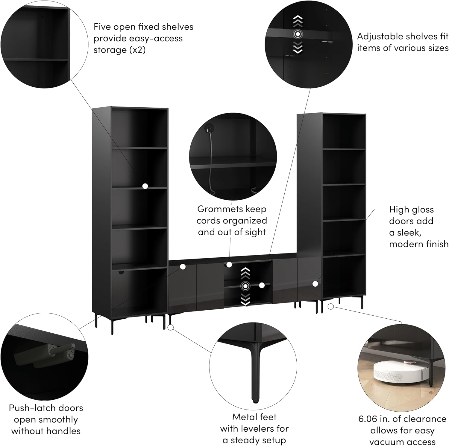 Bestar 118-inch Modular Entertainment Center with TV Stand and Media Storage Towers, Living Room Furniture, Barletta Collection, High Gloss Black