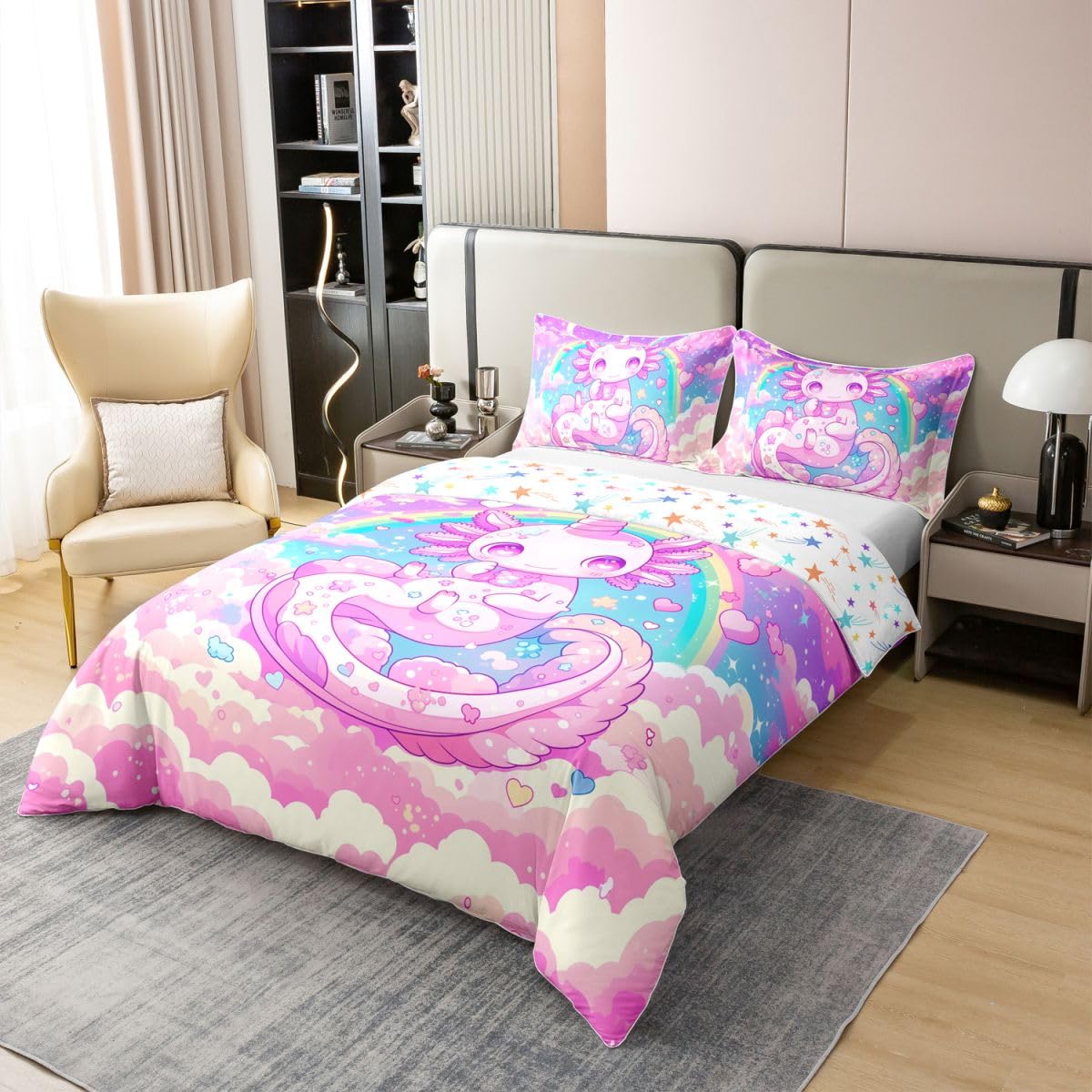 Homewish Kreskówka Marzycielski Axolotl Księżniczka Dziewczęca Tęcza Jednorożec Fioletowy Różowy Pojedynczy Zestaw Poszwa Na Kołdrę Miłość Serca Bawełniana Pościel Ombre Urocza Salamandra Poszewka Na