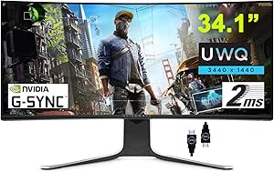 Alienware 34 Flagship Gaming Curved Monitor 34.1” UWQHD (3440 x 1440) Nano IPS Panel 120Hz Refresh Rate Display 2ms Response 21:9 178° Viewing Angle Nvidia G-SYNC DisplayPort + HDMI Cable