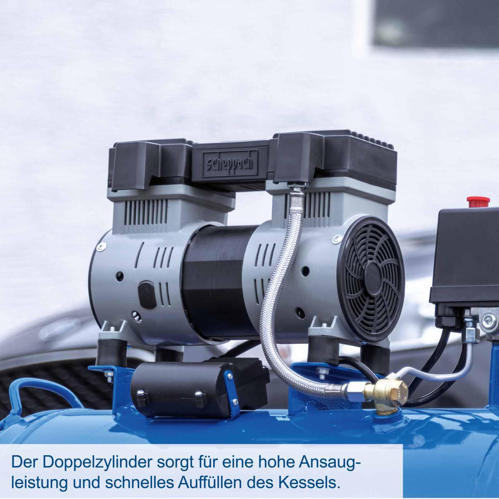 Scheppach Super Silent Doppelzylinder Kompressor HC52Si | Arbeitsdruck 8 bar | Kesselvolumen 50 L | Leistung 1100 W, 230 V~ / 50 Hz | Ansaugleistung 230 L/min | Ölfrei