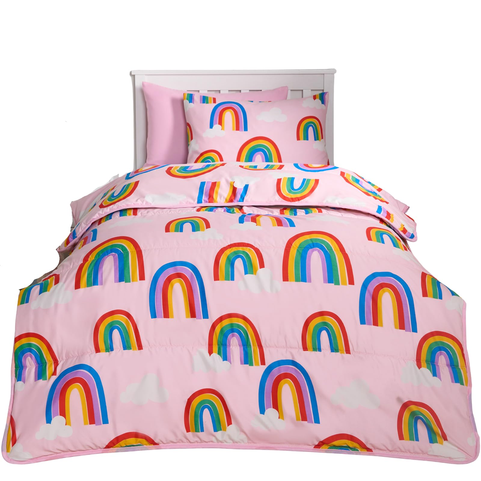 OHS Kids Coverless Duvet Single 10.5 Tog, Rainbows Print Reversible Washable Coverless Duvets Camping Sleepovers Winter Duvets Super Soft Cosy Coverless Duvet with Pillowcase, Pink