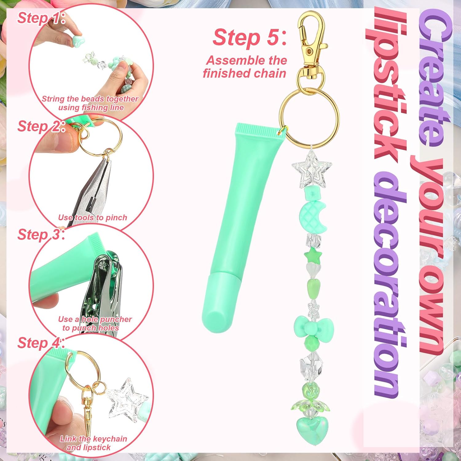 Zeyune 272 Pcs Lip Gloss Keychain Making Kit Assorted Acrylic Beads 10 Keychain Clips Jump Rings - Image 3