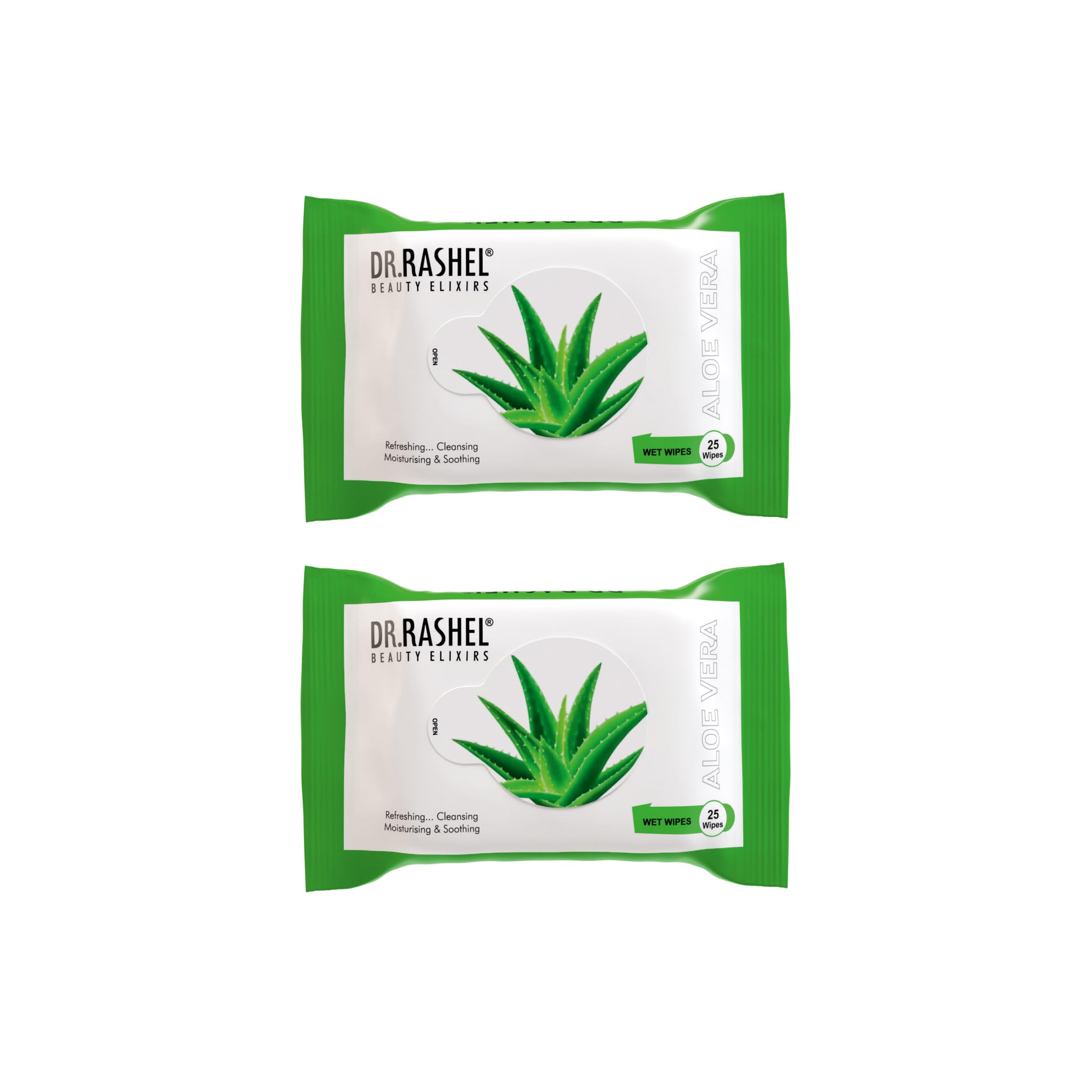 DR.Rashel Aloe Vera Pack of 2 Face Wipes, Enriched with goodness of Glycerin and Aloe Vera Extract | For Multi purpose use | Gives Refreshing and Glowing Skin.(25 pc x 2)