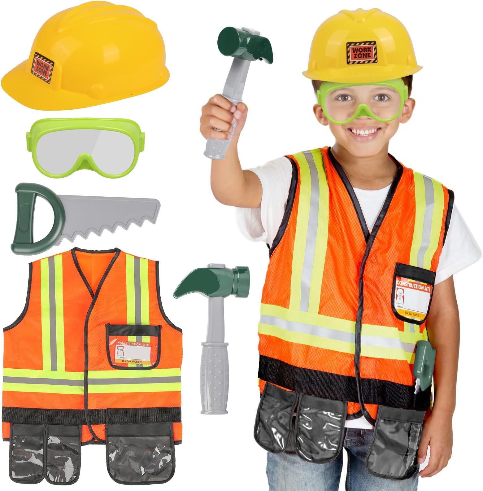Kids Construction Worker Toys, Toddler Tool Pretend Play with Construction Vest & Hat, Worker Dressup Set for Boys Girls 3 4 5 Years Old