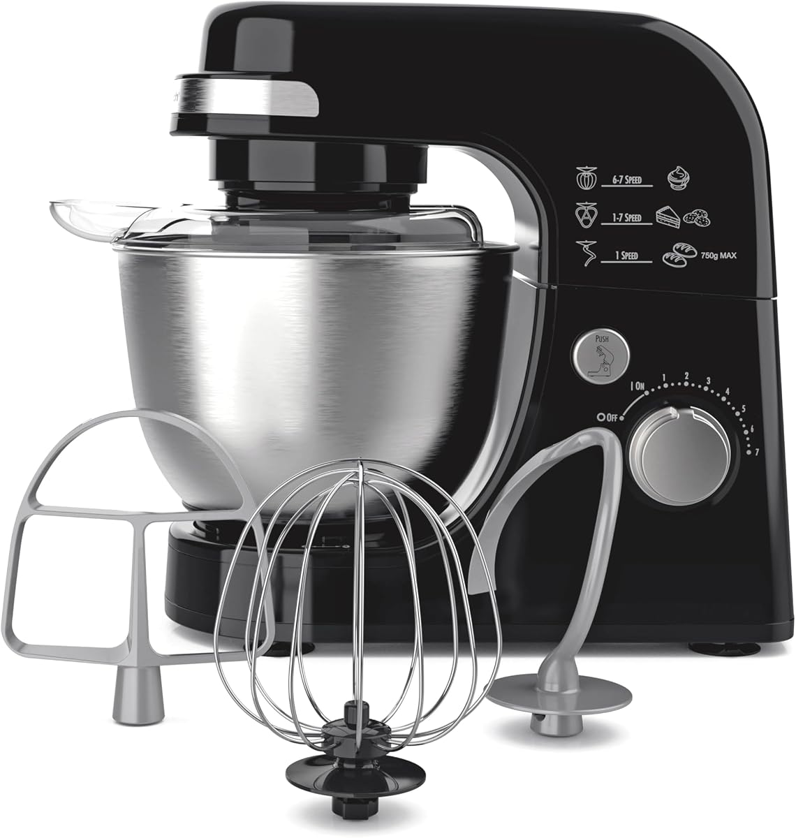 4 Quart Electric Stand Mixer With 7 Speeds | Planetary Mixing For Full Bowl Coverage | Splash Guard | 300 Watts | Whisk, Flat Beater, Dough Hook | Black