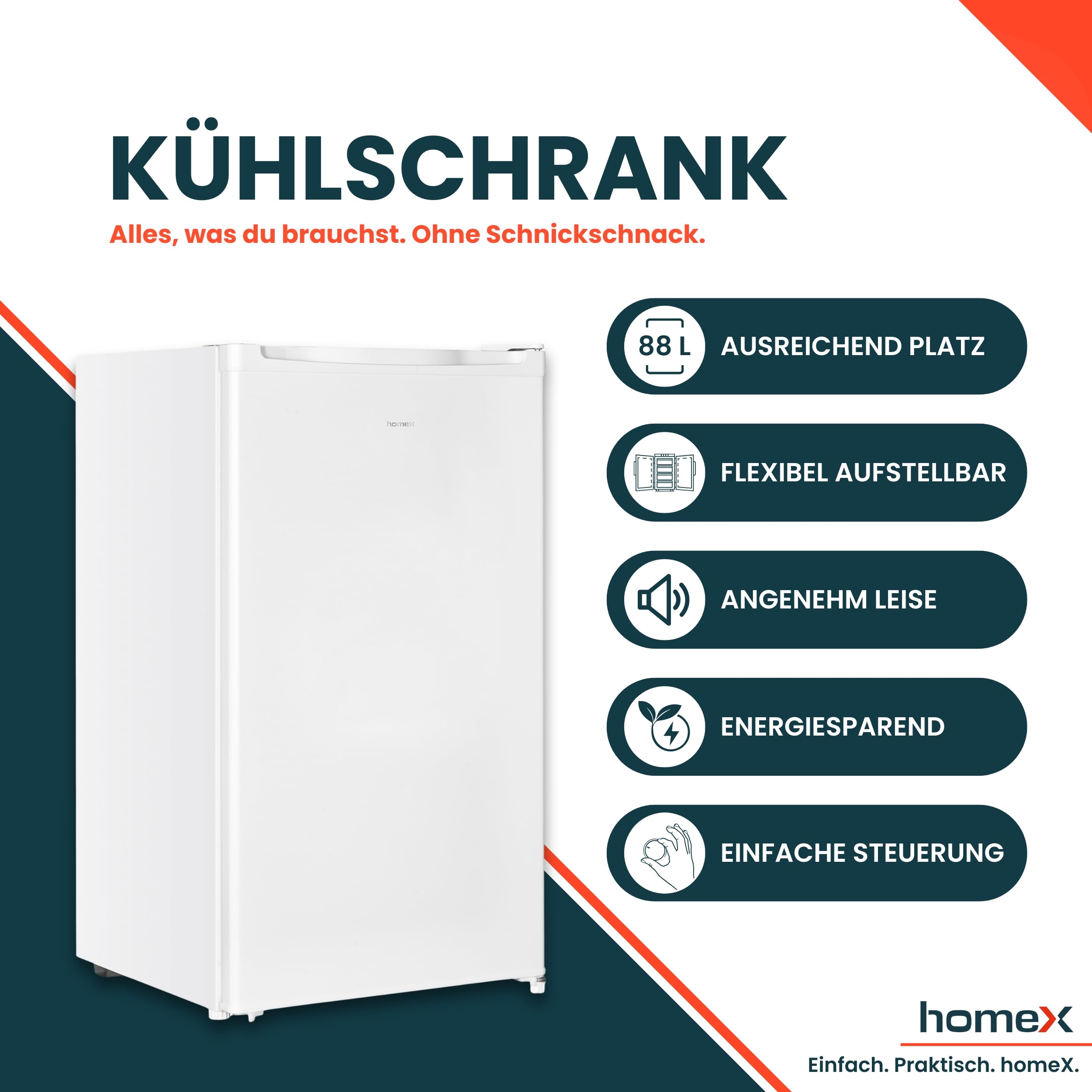 homeX Kühlschrank ohne Gefrierfach, Vollraumkühlschrank klein 88L, freistehend, leise 39 dB, weiß CS1016-W
