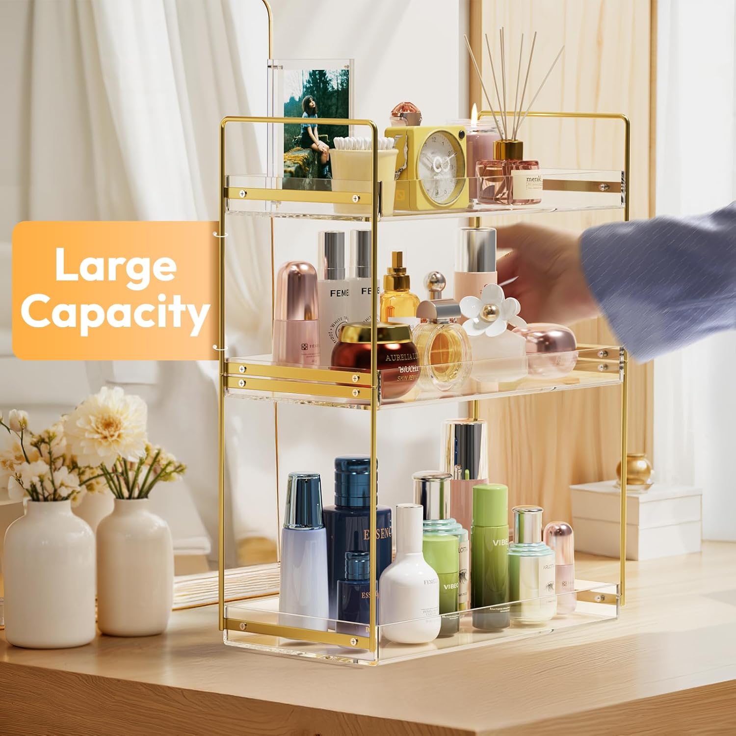 Bathroom Countertop Organizer, 3 Tier Acrylic Tray Vanity Counter Skincare Organizer Shelf, Kitchen Under Sink Standing Rack, Home Storage Holder for Lotion Makeup Cosmetics Perfume Spice, Gold | Vanity Counter, Kitchen Under Sink, Home Storage Holder, for Lotion, Makeup, Cosmetics - Image 5