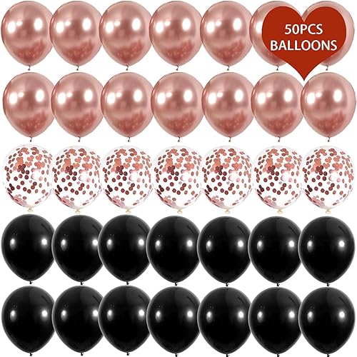 Miniatura 2 de Globos cromados metálicos de confeti de oro rosa y negro, 55 globos de látex de 12 pulgadas de grosor para baby shower, decoración de fiesta de
